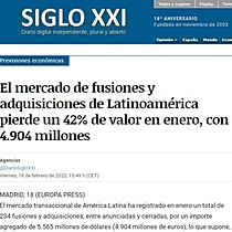 El mercado de fusiones y adquisiciones de Latinoamrica pierde un 42% de valor en enero, con 4.904 millones